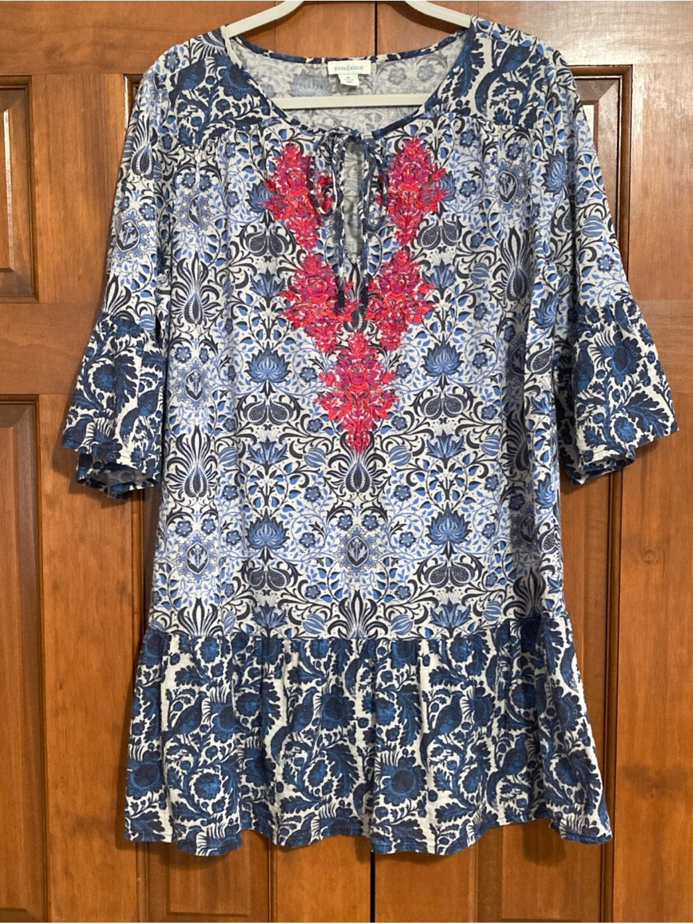 Sundance Blue and Pink Embroidered Floral Tie-Neck Swim Coverup women’s medium